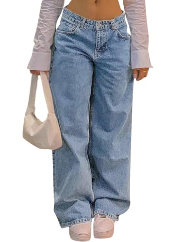 ticticlily Cargo Hosen Damen Jeans Y2K Vintage Gewaschene Stretch Lose Straight Wide Leg Denim Boyfriend Harajuku Vintage Jeanshosen Hohe Taille Mädchen Hose Große Größen D Hellblau M von ticticlily
