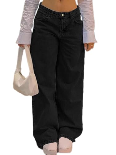 ticticlily Cargo Hosen Damen Jeans Y2K Vintage Gewaschene Stretch Lose Straight Wide Leg Denim Boyfriend Harajuku Vintage Jeanshosen Hohe Taille Mädchen Hose Große Größen D Schwarz M von ticticlily