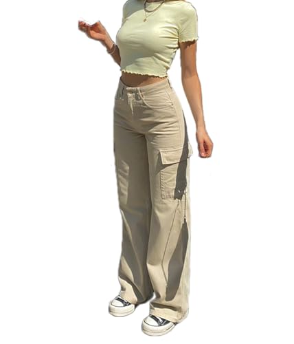 ticticlily Cargo Jeans Damen Y2K Jeanshose Casual Chic Schlank Denim Hosen Wide Straight Leg Gewaschene Schlaghose Freizeithose mit Taschen A Aprikose L von ticticlily