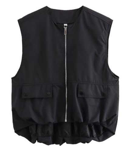 ticticlily Cargo Weste Damen Ärmelloses Zip Up Jacken Lockere Passform Freizeitweste Sommerweste Kurz Westen mit Reißverschluss Casual Lässige Veste A Schwarz M von ticticlily