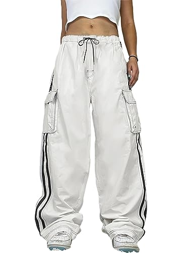 ticticlily Cargohose Damen Baggy y2k High Waist Harajuku 90er Gerade Breites Bein Freizeithosen Tanzen Hiphop Sporthose mit Taschen/Kordelzug Outdoorhose E5 Weiß M von ticticlily