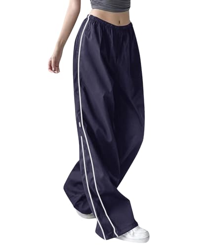 ticticlily Cargohose Fallschirmhosen Damen Y2k Baggy Lange Elastizität Taille Weites Gerades Bein Hose Hiphop Casual Parachute Hosen mit Taschen A Navy Blau XS von ticticlily