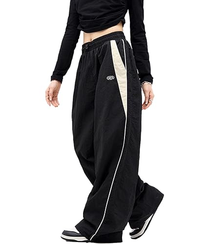 ticticlily Cargohosen Damen Weite Beine Fallschirm Hose Breites Bein Y2K Baggy Freizeithose Elastizität Lässige Wanderhose mit Taschen Parachute Pants A Schwarz XXL von ticticlily