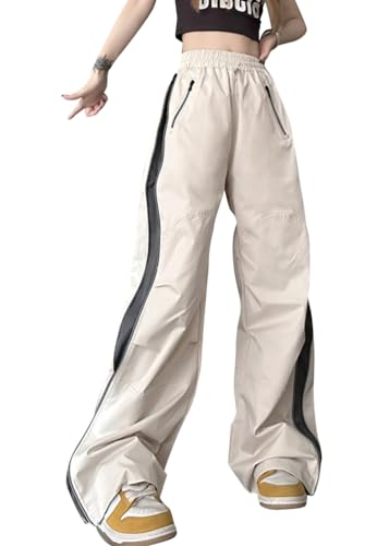 ticticlily Cargohosen Damen Weite Beine Fallschirm Hose Breites Bein Y2K Baggy Freizeithose Elastizität Lässige Wanderhose mit Taschen Parachute Pants D Khaki XS von ticticlily