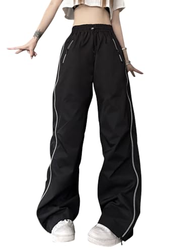 ticticlily Cargohosen Damen Weite Beine Fallschirm Hose Breites Bein Y2K Baggy Freizeithose Elastizität Lässige Wanderhose mit Taschen Parachute Pants D Schwarz S von ticticlily