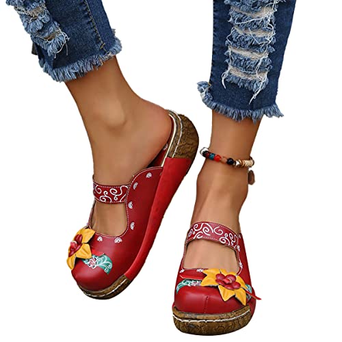 ticticlily Classic Damen Clogs Sommer Hausschuhe Atmungsaktiv Flip Flops mit Keilabsatz Bedruckte Sandalen Schuhe Plateau Strandsandalen rutschfest Outdoor Pantoletten B Rot 36 EU von ticticlily