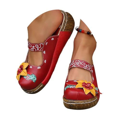 ticticlily Classic Damen Clogs Sommer Hausschuhe Atmungsaktiv Flip Flops mit Keilabsatz Bedruckte Sandalen Schuhe Plateau Strandsandalen Rutschfest Outdoor Pantoletten B Rot 36 EU von ticticlily