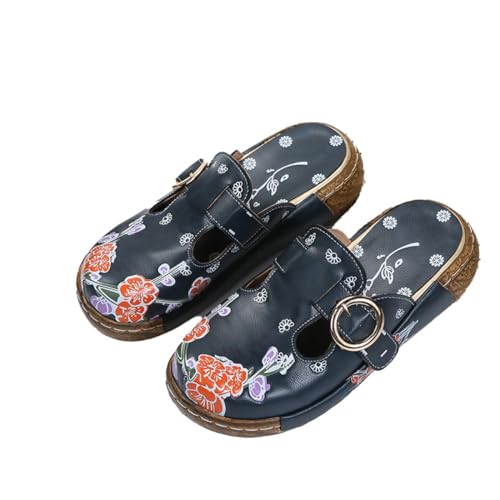 ticticlily Classic Damen Clogs Sommer Hausschuhe Atmungsaktiv Flip Flops mit Keilabsatz Bedruckte Sandalen Schuhe Plateau Strandsandalen rutschfest Outdoor Pantoletten Marine 35 EU von ticticlily