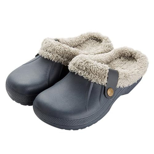 ticticlily Clogs Gefüttert Damen Herren Warm Hausschuhe wasserdichte Gartenclogs mit Fell Frauen Geschlossen Lined Clogs Winter Plüsch Pantoletten rutschfeste A Grau Blau 44/45 EU von ticticlily