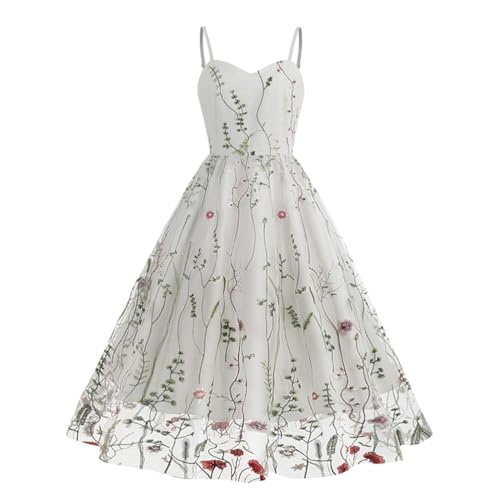 ticticlily Cocktailkleid Damen Knielang Midikleid Elegant Abendkleid Partykleid Vintage Retro Ärmellos Träger Gestickt Kleider Freizeitkleid Netz Kleid Sommerkleider C Weiß M von ticticlily