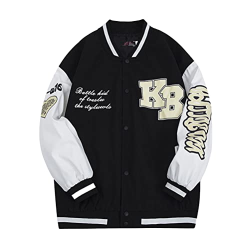 ticticlily College Jacken für Damen Y2k Baseballjacke Übergroße Bomberjacke Baseball Uniform Buchstabedruck Vintage Oberbekleidung Sweatjacke mit Knopf Streetwear A1 Schwarz S von ticticlily