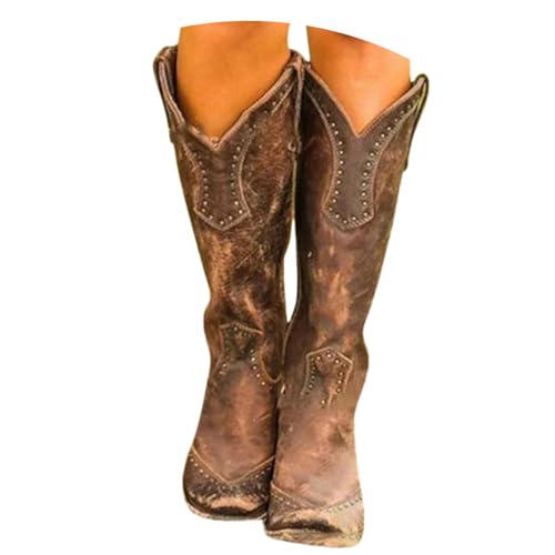 ticticlily Cowboystiefel Damen Langschaft Stiefel Retro Boots Blockabsatz Halbhohe Westernstiefel A Braun 41 EU von ticticlily