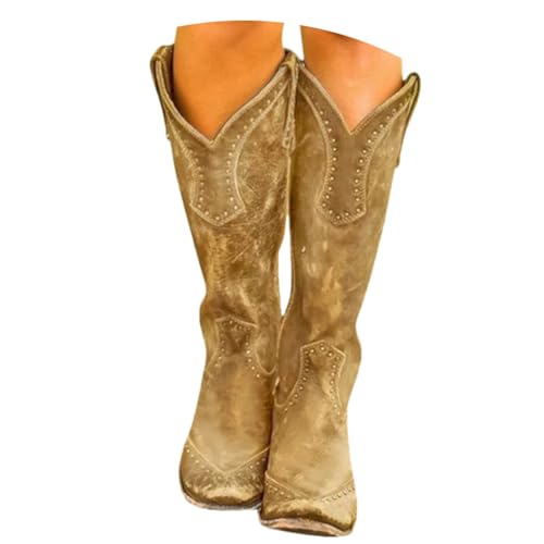 ticticlily Cowboystiefel Damen Langschaft Stiefel Retro Boots Blockabsatz Halbhohe Westernstiefel A Gelb 35 EU von ticticlily