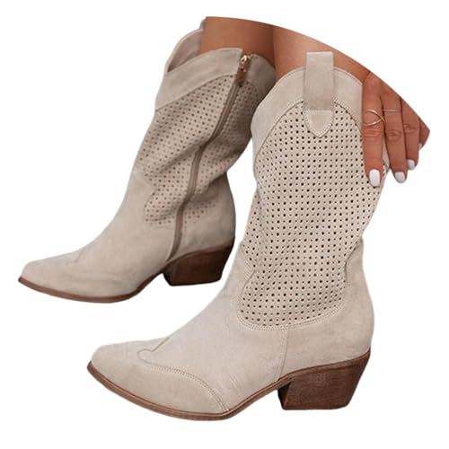 ticticlily Cowboystiefel Damen Sommer Stiefeletten Wildleder Westernstiefel Kurz Stiefel Niederung Halbhoch Ankle Boots B1 Aprikose 40 EU von ticticlily