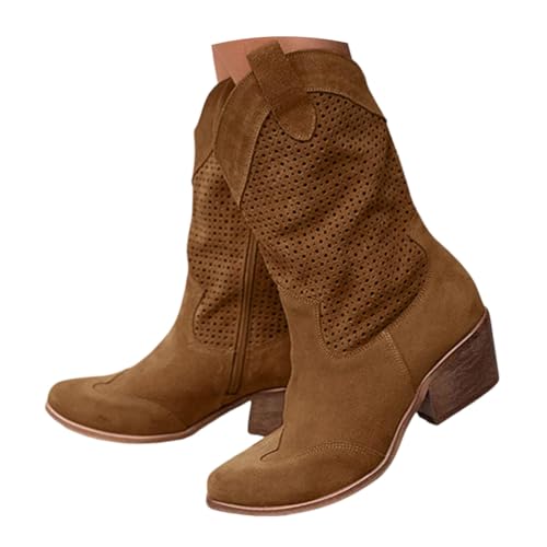 ticticlily Cowboystiefel Damen Sommer Stiefeletten Wildleder Westernstiefel Kurz Stiefel Niederung Halbhoch Ankle Boots B1 Braun 36 EU von ticticlily