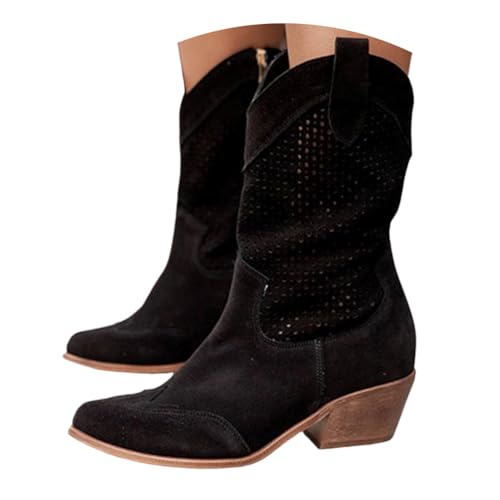ticticlily Cowboystiefel Damen Sommer Stiefeletten Wildleder Westernstiefel Kurz Stiefel Niederung Halbhoch Ankle Boots B1 Schwarz 36 EU von ticticlily