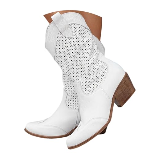 ticticlily Cowboystiefel Damen Sommer Stiefeletten Wildleder Westernstiefel Kurz Stiefel Niederung Halbhoch Ankle Boots B2 Weiß 43 EU von ticticlily