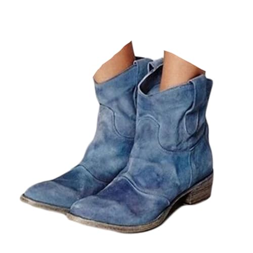 ticticlily Cowboystiefel Damen Winter Stiefel Halbhoch Stiefeletten Ankle Boots Wildleder Kurzstiefel mit Blockabsatz A Blau 39 EU von ticticlily