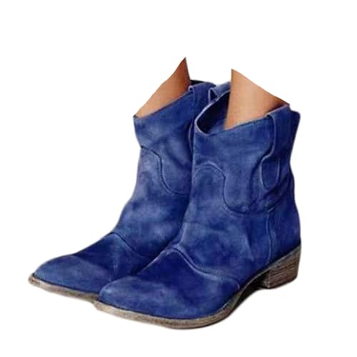 ticticlily Cowboystiefel Damen Winter Stiefel Halbhoch Stiefeletten Ankle Boots Wildleder Kurzstiefel mit Blockabsatz A Dunkelblau 41 EU von ticticlily