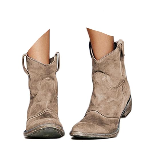 ticticlily Cowboystiefel Damen Winter Stiefel Halbhoch Stiefeletten Ankle Boots Wildleder Kurzstiefel mit Blockabsatz A Khaki 39 EU von ticticlily