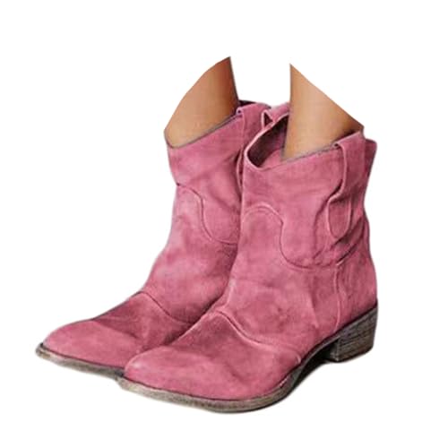 ticticlily Cowboystiefel Damen Winter Stiefel Halbhoch Stiefeletten Ankle Boots Wildleder Kurzstiefel mit Blockabsatz A Rosa 35 EU von ticticlily