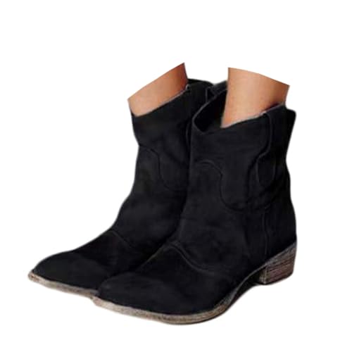 ticticlily Cowboystiefel Damen Winter Stiefel Halbhoch Stiefeletten Ankle Boots Wildleder Kurzstiefel mit Blockabsatz A Schwarz 36 EU von ticticlily
