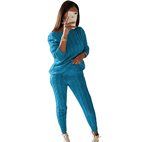 ticticlily Damen 2 teilige Strickanzug Winter Strickpullover und Hosen Freizeitanzug Hausanzug Causal Anzug Outfit Warm Loungewear Zweiteilige Jogginganzug Langarm Oberteil Tops A Blau XL von ticticlily