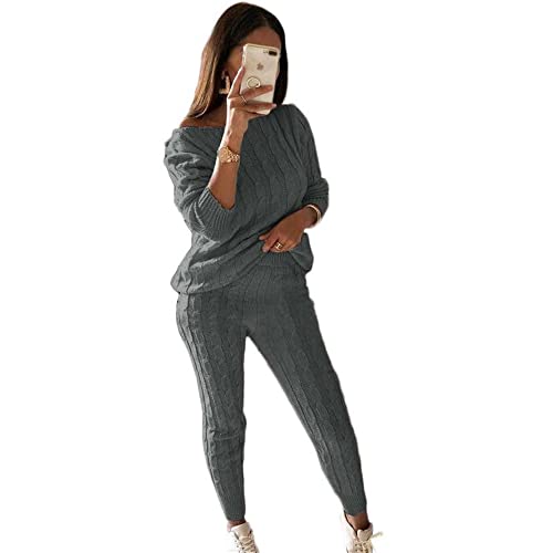 ticticlily Damen 2 teilige Strickanzug Winter Strickpullover und Hosen Freizeitanzug Hausanzug Causal Anzug Outfit Warm Loungewear Zweiteilige Jogginganzug Langarm Oberteil Tops A Grau S von ticticlily