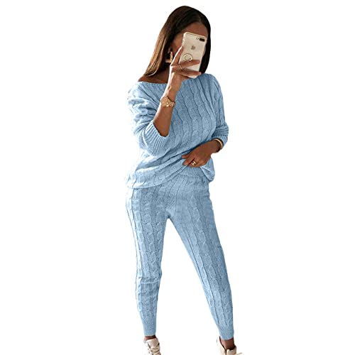 ticticlily Damen 2 teilige Strickanzug Winter Strickpullover und Hosen Freizeitanzug Hausanzug Causal Anzug Outfit Warm Loungewear Zweiteilige Jogginganzug Langarm Oberteil Tops A Hellblau S von ticticlily