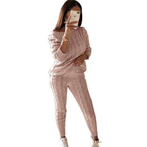 ticticlily Damen 2 teilige Strickanzug Winter Strickpullover und Hosen Freizeitanzug Hausanzug Causal Anzug Outfit Warm Loungewear Zweiteilige Jogginganzug Langarm Oberteil Tops A Hellrosa S von ticticlily