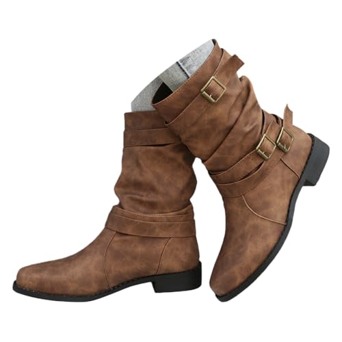 ticticlily Damen Ankle Boots Frauen Stiefeletten Mit Schnalle Kurzstiefel Winterstiefel Blockabsatz A Braun 39 EU von ticticlily