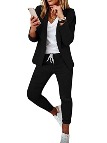 ticticlily Damen Anzug Festlich Sportlich 2 Stück Set Blazer Hose Set Revers Büro Business Hosenanzug 2-teiliger Streetwear Anzugjacke und Anzughosen Casual Outfit A Schwarz M von ticticlily