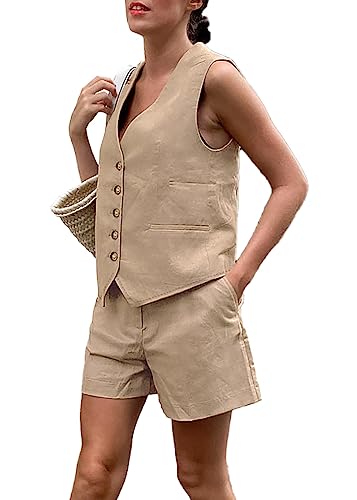 ticticlily Damen Anzug Zweiteiler Set Westen Blazer und Hosen Lange 2 Stück Hosenanzug Elegant Chic Business Weste Button Down V-Ausschnitts Zweiteiler Freizeitanzug Sommer A10 Khaki M von ticticlily