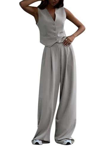 ticticlily Damen Anzug Zweiteiler Set Westen Blazer und Hosen Lange 2 Stück Hosenanzug Elegant Chic Business Weste Button Down V-Ausschnitts Zweiteiler Freizeitanzug Sommer H Grau S von ticticlily
