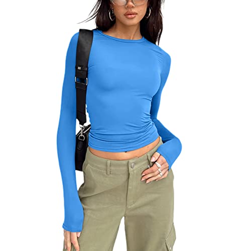 ticticlily Damen Bauchfrei Oberteil Crop Top Langarmshirt Herzausschnitt Tops B Blau XS von ticticlily