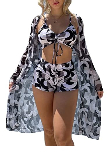 ticticlily Damen Bedruckte Bluse mit einfarbigem Badeanzug mit bedruckter Badebekleidung Split Badeanzug Bikini 3-teiliges Set A1 Schwarz M von ticticlily