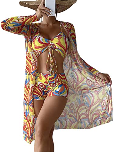 ticticlily Damen Bedruckte Bluse mit einfarbigem Badeanzug mit bedruckter Badebekleidung Split Badeanzug Bikini 3-teiliges Set A10 Gelb M von ticticlily