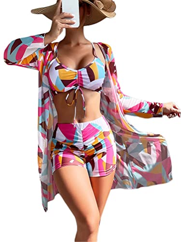 ticticlily Damen Bedruckte Bluse mit einfarbigem Badeanzug mit bedruckter Badebekleidung Split Badeanzug Bikini 3-teiliges Set A15 Rose L von ticticlily