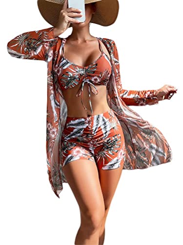 ticticlily Damen Bedruckte Bluse mit einfarbigem Badeanzug mit bedruckter Badebekleidung Split Badeanzug Bikini 3-teiliges Set A19 Orange M von ticticlily