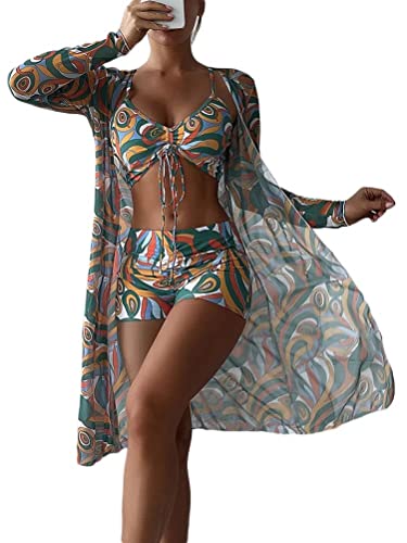 ticticlily Damen Bedruckte Bluse mit einfarbigem Badeanzug mit bedruckter Badebekleidung Split Badeanzug Bikini 3-teiliges Set A4 Grün M von ticticlily