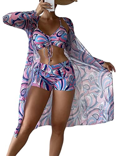 ticticlily Damen Bedruckte Bluse mit einfarbigem Badeanzug mit bedruckter Badebekleidung Split Badeanzug Bikini 3-teiliges Set A5 Rosa S von ticticlily