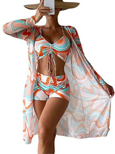 ticticlily Damen Bedruckte Bluse mit einfarbigem Badeanzug mit bedruckter Badebekleidung Split Badeanzug Bikini 3-teiliges Set A8 Orange S von ticticlily