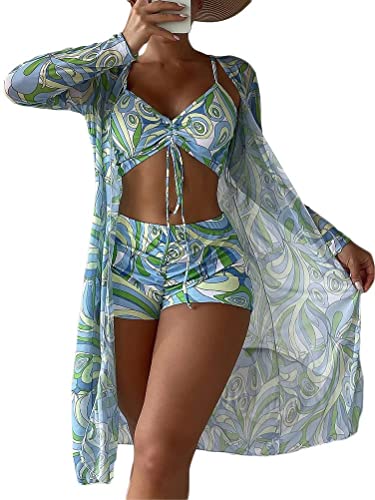 ticticlily Damen Bikini Set Sexy Dreiteiliger Badeanzug Drucke Kordelzug Strandbekleidung Bademode 3 Stück Strandbekleidung Set A2 Grün L von ticticlily