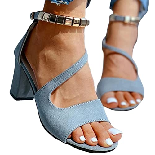 ticticlily Damen Blockabsatz Sandalen Wildleder Knöchelriemen Sandaletten mit Absatz Elegant Riemchensandalen Offen Zehen High Heel Sandale für Party Prom Hochzeit A Grau 38 EU von ticticlily