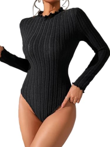 ticticlily Damen Body Elegant Langarm V-Ausschnitts Rollkragen Rundhals Bodysuit Slim-Fit Jumpsuit Eng Bodycon Oberteile Damenbody Einteiler Overall Basic Gerippt Strick Langarmshirt D Schwarz XL von ticticlily