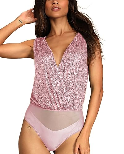 ticticlily Damen Body Elegant Party Club Casual Bodysuit Ärmellos V-Ausschnitts Langarm Rundhals Rückenfrei Pailletten Aushöhlen Slim Fit Junpsuit Leotard A Rosa M von ticticlily