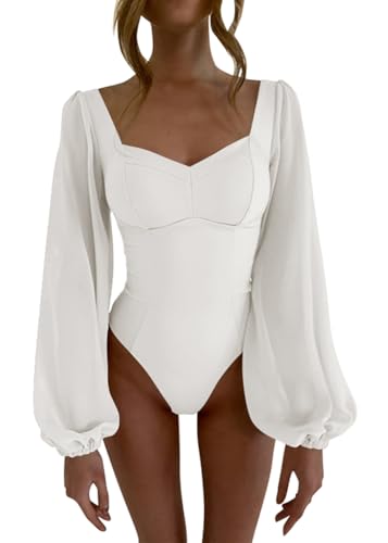 ticticlily Damen Body Langarm Elegant Transparente Laternen Lange Ärmel Damenbody Bodysuit Bodycon Damenbody Einteiler Overall Oberteile Tops Unterzibody A Weiß XS von ticticlily