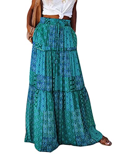 ticticlily Damen Boho Rock lang Elastische Taille Maxirock Blumen Sommerrock Langer Freizeitrock Elegante Strandrock mit Taschen A Grün XS von ticticlily