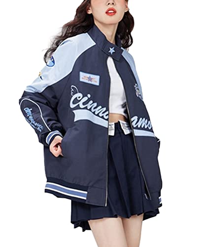 ticticlily Damen Bomberjacke College Oversized Patchwork Bedruckte Jacke 90S Vintage Racing Jacke Sweat Jacket Baseball Mantel A12 Blau L von ticticlily