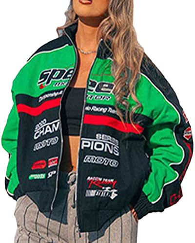 ticticlily Damen Bomberjacke College Oversized Patchwork Bedruckte Jacke 90S Vintage Racing Jacke Sweat Jacket Baseball Mantel F Grün XL von ticticlily